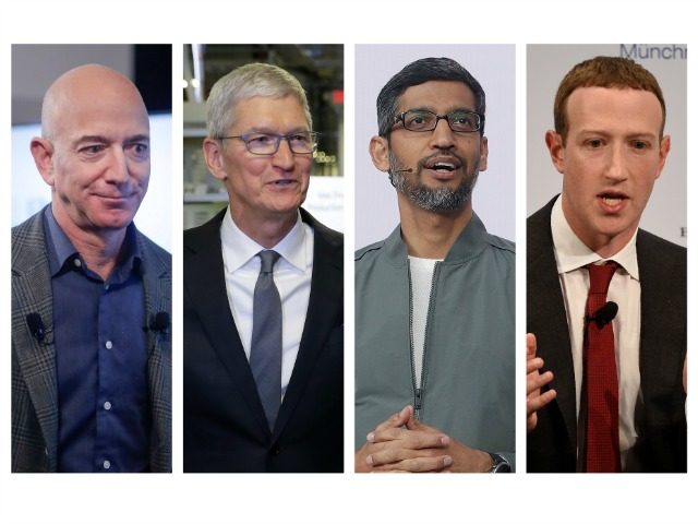 This combination of 2019-2020 photos shows Amazon CEO Jeff Bezos, Apple CEO Tim Cook, Goog