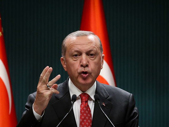 Turkish President Recep Tayyip Erdogan gestures as he delivers a speech following a cabinet meeting, in Ankara, on June 9, 2020. (Photo by Adem ALTAN / AFP) (Photo by ADEM ALTAN/AFP via Getty Images)