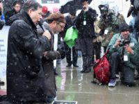 WASHINGTON, DC - MARCH 25: Father Frank Pavone (L) and Rev. Patrick Mahoney pray on their knees during a rally outside of the U.S. Supreme Court during oral arguments in Sebelius v. Hobby Lobby March 25, 2014 in Washington, DC. The court heard from lawyers on both sides of Sebelius …