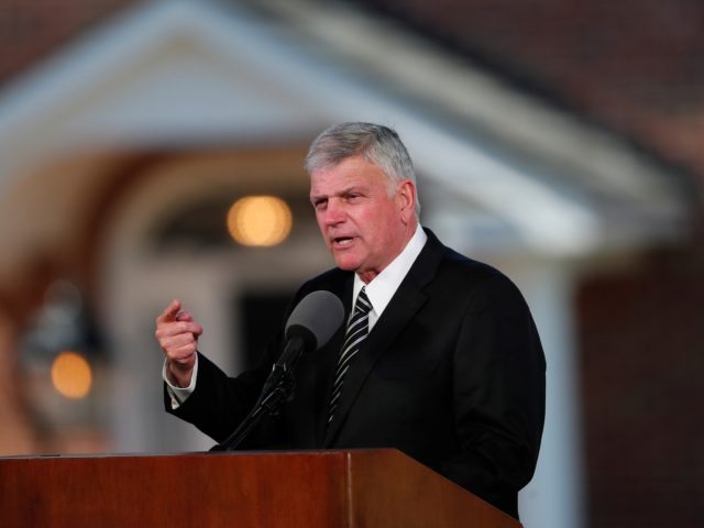 Pastor Franklin Graham speaks during a funeral service at the Billy Graham Library for the Rev. Billy Graham, who died last week at age 99, Friday, March 2, 2018, in Charlotte, N.C. (AP Photo/John Bazemore)