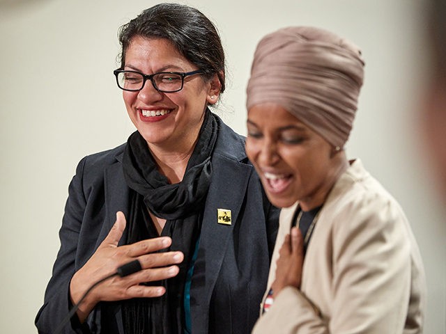 ST PAUL, MN - AUGUST 19: U.S. Reps. Rashida Tlaib (D-MI) and Ilhan Omar (D-MN) hold a news