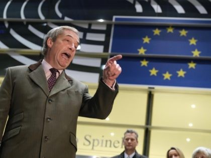 BRUSSELS, BELGIUM - JANUARY 29: Brexit Party leader and member of the European Parliament Nigel Farage speaks to the media as he departs following a historic vote for the Brexit agreement at a session of the European Parliament that paves the way for an "orderly" departure of the United Kingdom …