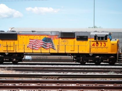 A Union Pacific train engine sits idle in a train yard in Salt Lake City, Utah on June 9,