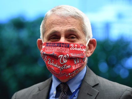 WASHINGTON, DC - JUNE 23: Dr. Anthony Fauci, director of the National Institute for Allergy and Infectious Diseases, wears a face mask bearing the name of the Major League Baseball Washington Nationals before a hearing of the House Committee on Energy and Commerce on Capitol Hill on June 23, 2020 …