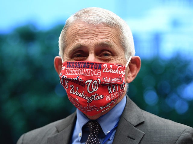 WASHINGTON, DC - JUNE 23: Dr. Anthony Fauci, director of the National Institute for Allergy and Infectious Diseases, wears a face mask bearing the name of the Major League Baseball Washington Nationals before a hearing of the House Committee on Energy and Commerce on Capitol Hill on June 23, 2020 …