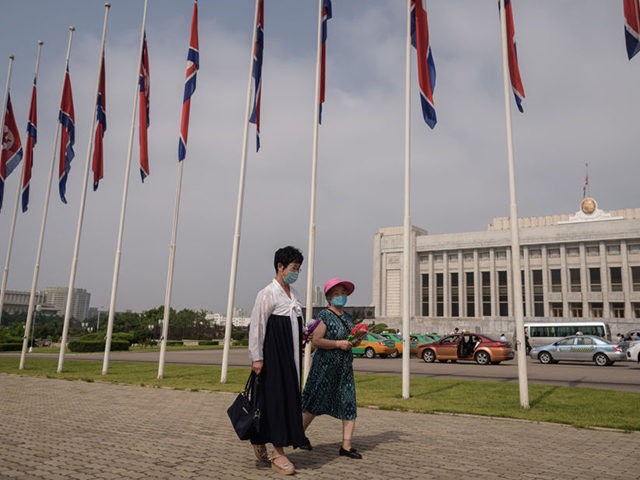 Two women wearing face masks walk past a row of North Korean flags to pay their respects o