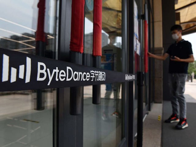The ByteDance logo is seen at the entrance to a ByteDance office in Beijing on July 8, 202