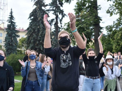 Opposition supporters rally in Minsk on July 14, 2020, after the country's central elector