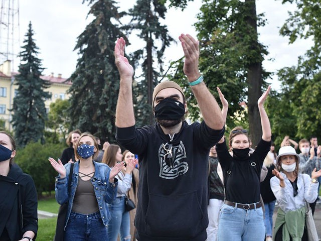 Opposition supporters rally in Minsk on July 14, 2020, after the country's central elector