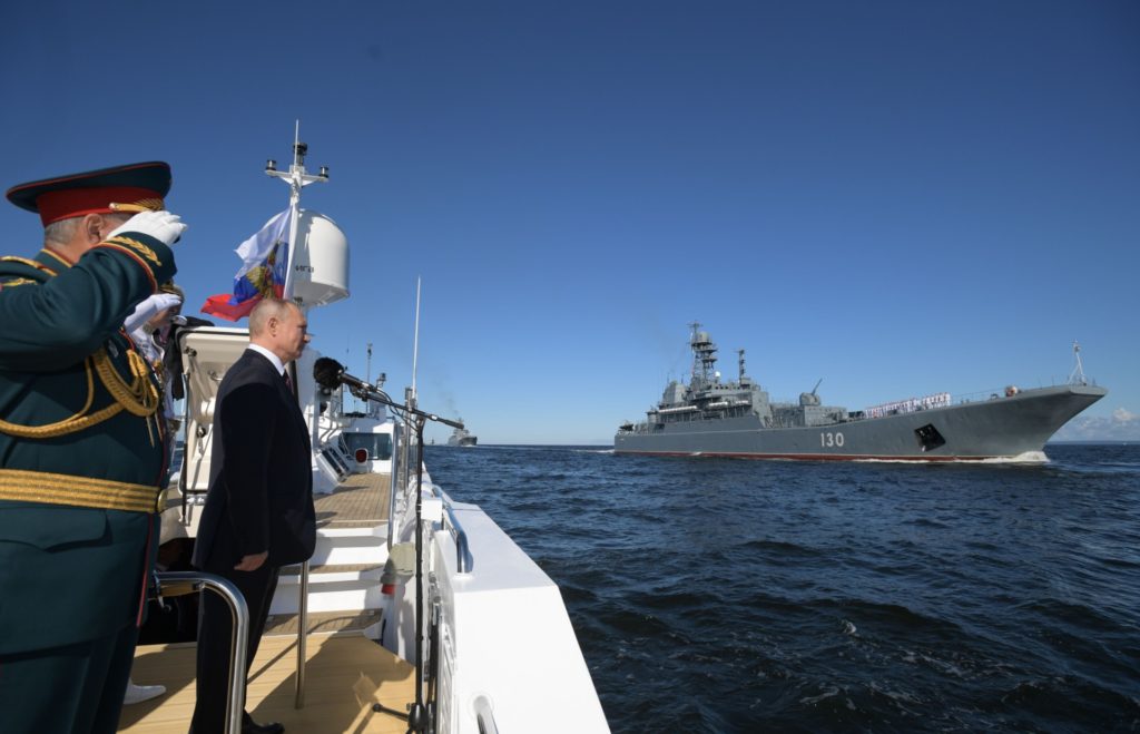 Russian President Vladimir Putin inspects warships prior to the Navy Day parade in Saint Petersburg on July 26, 2020. (ALEXEY DRUZHININ/SPUTNIK/AFP via Getty Images)
