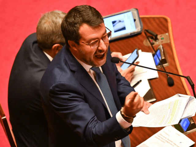 Italian senator and Lega party far-right leader Matteo Salvini, delivers his speech on July 30, 2020 at Italy's Senate in Rome before the votes on whether Salvini should be stripped of his parliamentary immunity so he can be tried for the second time for allegedly illegally detaining migrants at sea. …