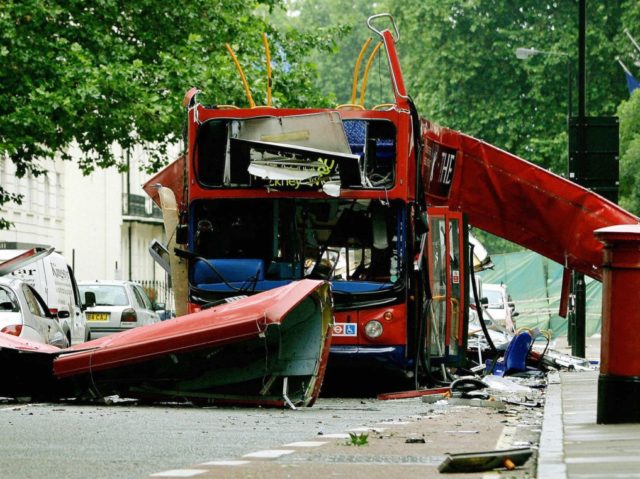 LONDON, United Kingdom: (FILES) The wreck of the Number 30 double-decker bus is pictured