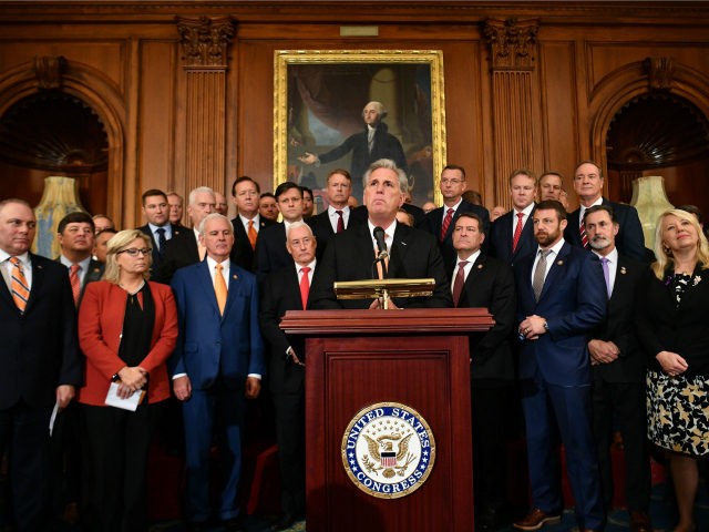 House Minority Leader Kevin McCarthy, Republican of California, speaks during a press conference on the impeachment process in the Rayburn Room of the US Capitol in Washington, DC on October 31, 2019. (Photo by MANDEL NGAN / AFP) (Photo by MANDEL NGAN/AFP via Getty Images)