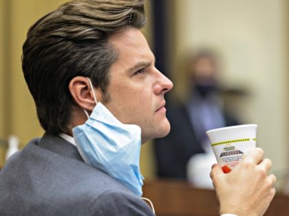 WASHINGTON, DC - JULY 29: Rep. Matt Gaetz (R-FL) looks on during the House Judiciary Subcommittee on Antitrust, Commercial and Administrative Law hearing on Online Platforms and Market Power in the Rayburn House office Building, July 29, 2020 on Capitol Hill in Washington, DC. (Photo by Graeme Jennings-Pool/Getty Images)
