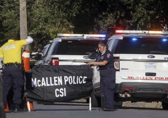 McAllen Police Crime Scene Investigations seals off scene where to police officers were killed in the line of duty. (Delcia Lopez/The Monitor via AP)