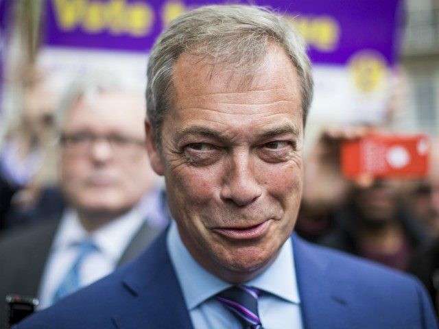 LONDON, ENGLAND - MAY 20: Leader of the United Kingdom Independence Party (UKIP) Nigel Farage speaks to media outside Europe House in Westminster on May 20, 2016 in London, England. The party today unveiled a tour bus as part of their campaign to leave the European Union ahead of the …