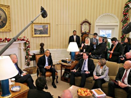 WASHINGTON, DC - DECEMBER 03: U.S. President Barack Obama (C) delivers a statement to the news media after receiving a briefing from his national security team, including (L-R) Vice President Joe Biden, FBI Director James Comey, Homeland Security Advisor Lisa Monaco, Director of National Intelligence James Clapper and others, in …