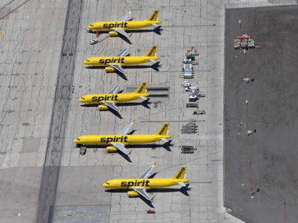 LAS VEGAS, NEVADA - MAY 21: An aerial view shows Spirit Airlines jets parked at McCarran International Airport amid the spread of the coronavirus on May 21, 2020 in Las Vegas, Nevada. The nation's 10th busiest airport recorded a 53% decrease in arriving and departing passengers for March compared to …