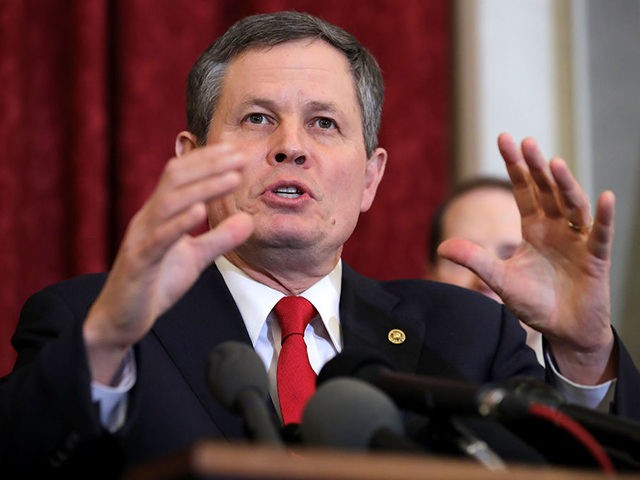 WASHINGTON, DC - JANUARY 16: Sen. Steve Daines (R-MT) speaks during a news conference about proposed reforms to the Foreign Intelligence Surveillance Act in the Russell Senate Office Building on Capitol Hill January 16, 2018 in Washington, DC. Daines is part of a bipartisan group of senators that supports legislation …