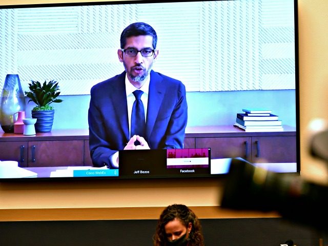 Google CEO Sundar Pichai testifies remotely during a House Judiciary subcommittee hearing on antitrust on Capitol Hill on Wednesday, July 29, 2020, in Washington. (Mandel Ngan/Pool via AP)