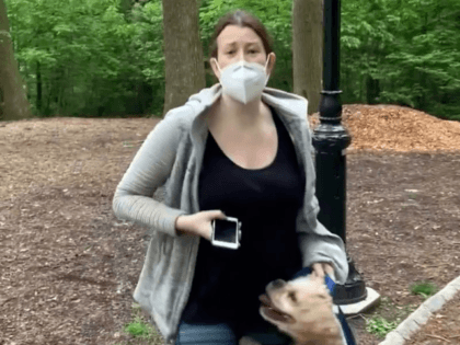 This file image made from May 25, 2020 video provided by Christian Cooper, shows Amy Cooper with her dog talking to Christian Cooper in Central Park in New York. Amy Cooper, walking her dog who called the police during a videotaped dispute with Christian Cooper, a Black man, was charged …