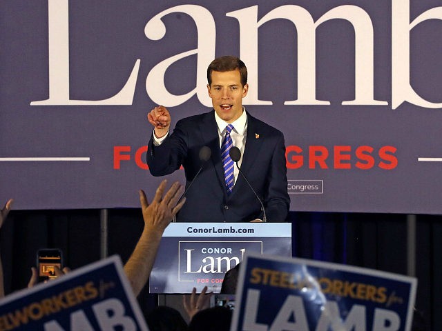 FILE - In this March 14, 2018 file photo, Conor Lamb, the Democratic candidate for the March 13 special election in Pennsylvania's 18th Congressional District celebrates with his supporters at his election night party in Canonsburg, Pa. A longtime congressional stronghold for Republicans, Pennsylvania is emerging in dramatic fashion as …