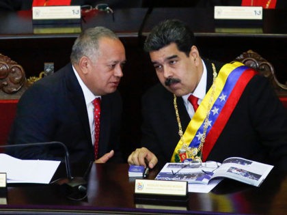 CARACAS, VENEZUELA - JANUARY 24: President of Venezuela Nicolás Maduro (R) talks to President of the Constituent Assembly Diosdado Cabello (L) before talkig to judges and members of the Supreme Justice Tribunal on its annual opening day of sessions on January 24 in Caracas, Venezuela. Yesterday opposition leader and head …
