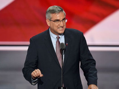 Indiana Lieutenant Governor Eric Holcomb speaks on the second day of the Republican National Convention at the Quicken Loans Arena in Cleveland on July 19, 2016. / AFP / JIM WATSON (Photo credit should read JIM WATSON/AFP via Getty Images)