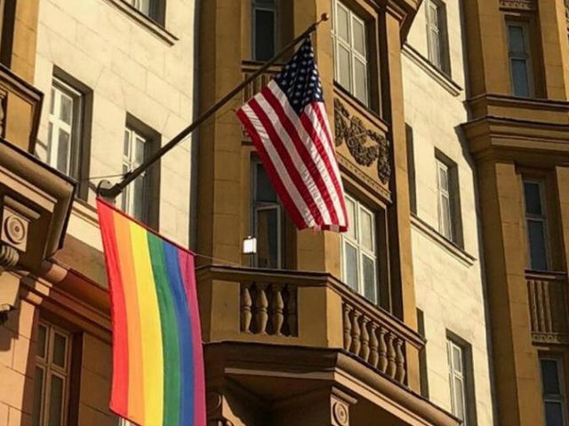 Russian President Vladimir Putin has mocked the decision by U.S. officials to fly a rainbow pride flag over the embassy in Moscow, saying it “tells you something about the people who work there.”