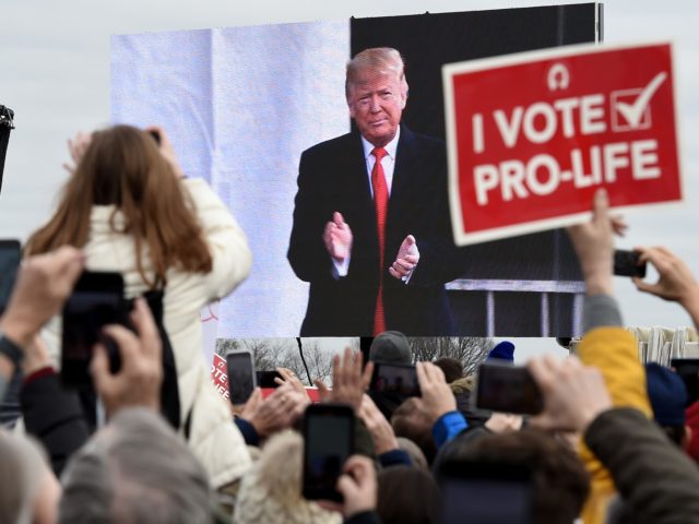 TOPSHOT - Pro-life demonstrators listen to US President Donald Trump as he speaks at the 4