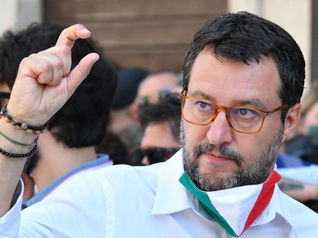 Head of the League party Matteo Salvini gestures as he marches during a rally of his party united with the Brothers of Italy (FdI) party and the centre-right Forza Italia (FI) party for a protest against the government on June 2, 2020 on Via del Corso in Rome, as the …