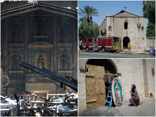A firefighter stands outside the San Gabriel Mission in the aftermath of a fire, Saturday, July 11, 2020, in San Gabriel, Calif. The fire destroyed the rooftop and most of the interior of the nearly 250-year-old California church that was undergoing renovation. (AP Photo/Marcio Jose Sanchez)
