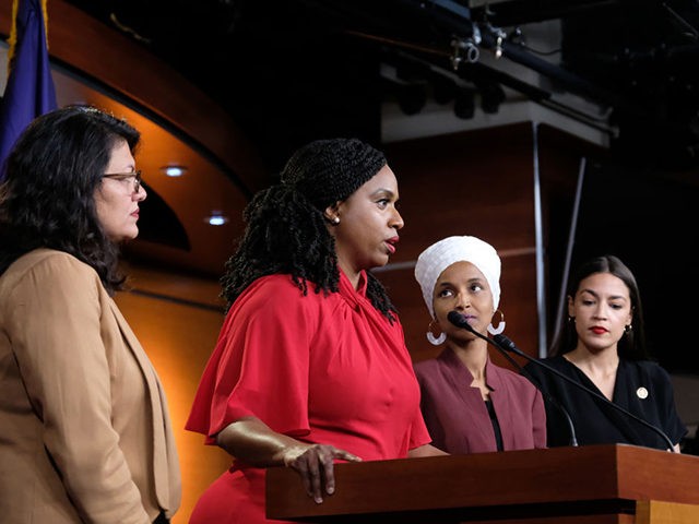 WASHINGTON, DC - JULY 15: (L-R) U.S. Rep. Ayanna Pressley (D-MA) speaks as Reps. Rashida Tlaib (D-MI), Ilhan Omar (D-MN) and Alexandria Ocasio-Cortez (D-NY) listen during a news conference at the U.S. Capitol on July 15, 2019 in Washington, D.C. President Donald Trump stepped up attacks on the four progressive …