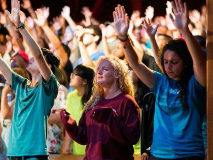 Church worship with lifted hands