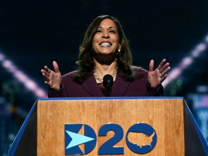 Senator from California and Democratic vice presidential nominee Kamala Harris speaks during the third day of the Democratic National Convention, being held virtually amid the novel coronavirus pandemic, at the Chase Center in Wilmington, Delaware on August 19, 2020. (Photo by Olivier DOULIERY / AFP) (Photo by OLIVIER DOULIERY/AFP via …