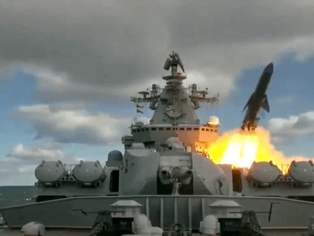 In this undated video grab provided by Russian Defense Ministry Press Service, Russia's Varyag missile cruiser fires a cruise missile as part of the Russian navy manoeuvres in the Bering Sea. The Russian navy has conducted massive war games near Alaska involving dozens of ships and aircraft, the biggest such drills in the area since Soviet times. (Russian Defense Ministry Press Service via AP)