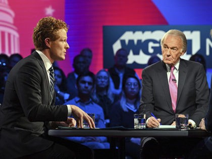 Representative Joe Kennedy III (D-MA), left, and Senator Ed Markey (D-MA), center left, square off in the first Senate primary debate hosted by WGBH News and moderated by Margery Egan and Jim Braude on Tuesday, February 18, 2020 at the WGBH Studios in Boston, Massachusetts. (Meredith Nierman/WGBH via AP, Pool)