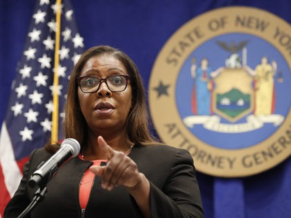 New York State Attorney General Letitia James takes a question after announcing that the s