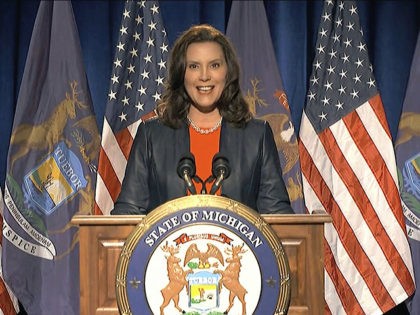 In this image from video, Michigan Gov. Gretchen Whitmer speaks during the first night of