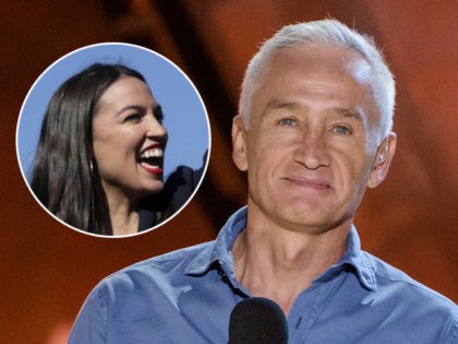 (INSET: Alexandria Ocasio-Cortez) Jorge Ramos speaks at RiseUp As One at Cross Border Xpress on Saturday, Oct. 15, 2016, in San Diego, Calif. (Photo by Alan Hess/Invision/AP)