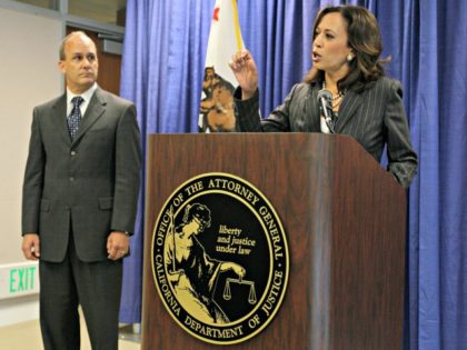 California Attorney General Kamala Harris, right, announces a lawsuit against law firms engaged in national mortgage fraud as Bill Hebert, left, President of the State Bar of California, left, looks on during a news conference in San Francisco, Thursday, Aug. 18, 2011. California prosecutors filed a major lawsuit against several …