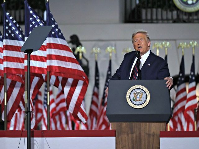 WASHINGTON, DC - AUGUST 27: U.S. President Donald Trump delivers his acceptance speech for the Republican presidential nomination on the South Lawn of the White House August 27, 2020 in Washington, DC. Trump gave the speech in front of 1500 invited guests. (Photo by Chip Somodevilla/Getty Images)