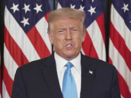 In this screenshot from the RNC’s livestream of the 2020 Republican National Convention, U.S. President Donald Trump addresses the virtual convention as he prepares to grant clemency to Jon Ponder, a convicted bank robber and founder of Hope for Prisoners, on August 25, 2020. The convention is being held virtually …