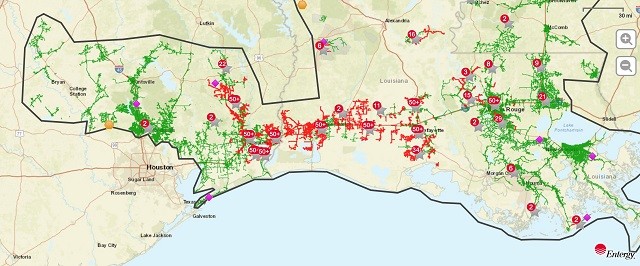 Map showing power outages from Beaumont, Texas, to Lafayette, Louisiana. (Power Outage Map by Entergy)