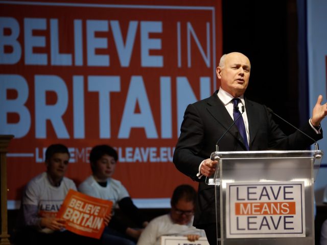 Conservative Party MP Iain Duncan Smith speaks at a political rally entitled 'Lets Go WTO'