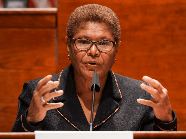 U.S. Rep. Karen Bass (D-CA) gives an opening statement during a Judiciary Committee hearing considering reforms to national policing practices June 17, 2020 in Washington, DC. The Democrat-led panel is pushing sweeping proposals that would ban chokeholds and no-knock warrants, and make prosecuting officers easier by limiting immunity and establishing …