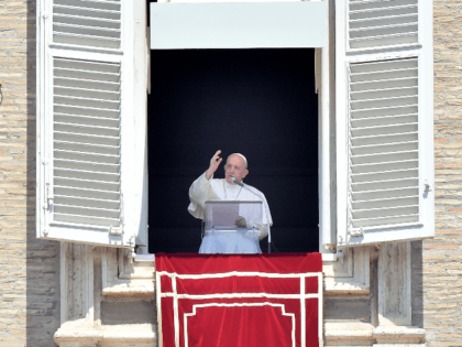 Pope Francis delivers his blessing from the window overlooking St. Peter's Square at the Vatican on August 2, 2020 during the Sunday Angelus prayer. (Photo by Filippo MONTEFORTE / AFP) (Photo by FILIPPO MONTEFORTE/AFP via Getty Images)