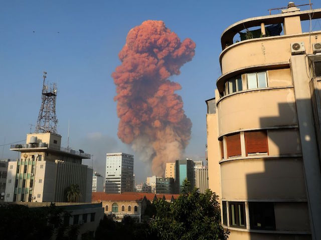 A picture shows the scene of an explosion in Beirut on August 4, 2020. - A large explosion rocked the Lebanese capital Beirut on August 4, an AFP correspondent said. The blast, which rattled entire buildings and broke glass, was felt in several parts of the city. (Photo by Anwar AMRO / AFP) (Photo by ANWAR AMRO/AFP via Getty Images)