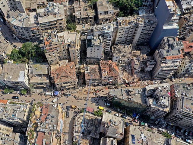 An aerial view shows damaged buildings in Beirut on August 7, 2020, three days after a col