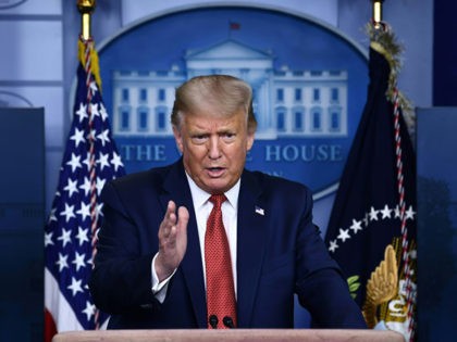 US President Donald Trump speaks to the press in the Brady Briefing Room of the White House in Washington, DC, on August 10, 2020. - Secret Service guards shot a person, who was apparently armed, outside the White House on Monday, President Donald Trump said just after being briefly evacuated …